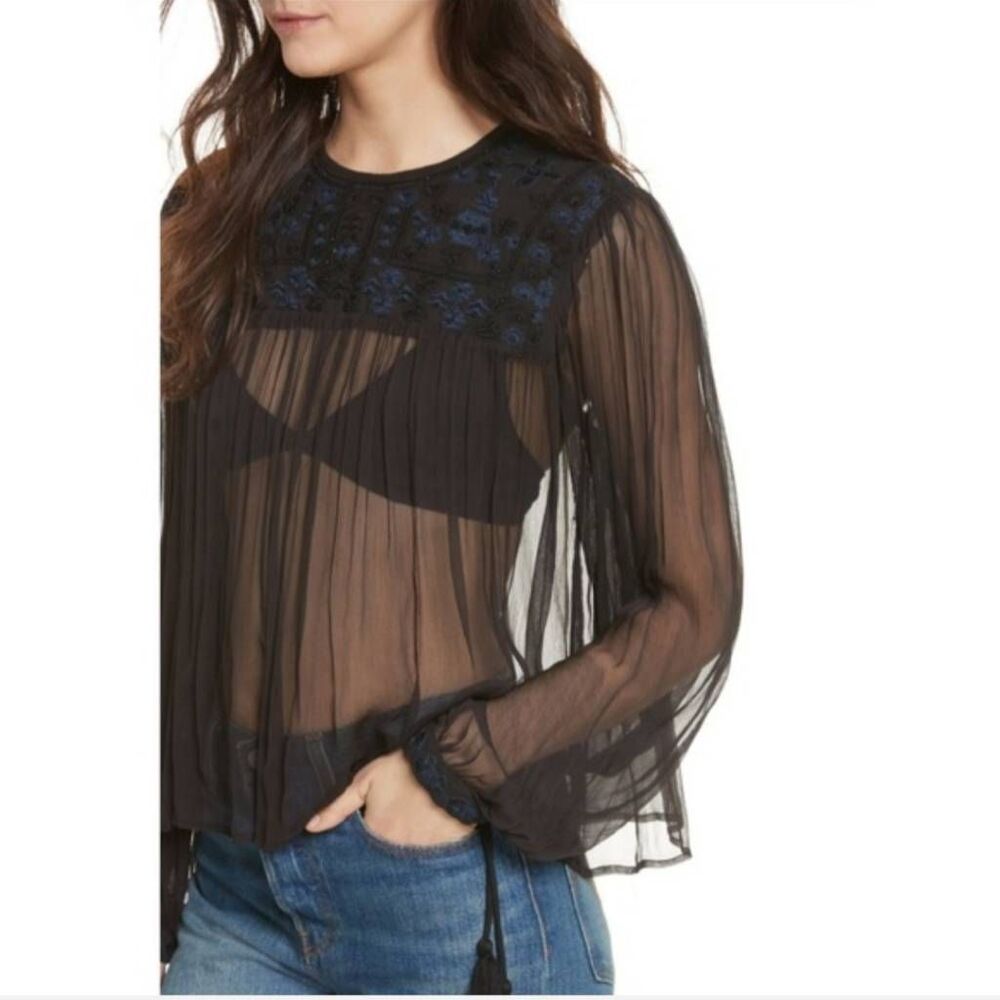 Free People Sheer Embroidered Long Sleeved Top